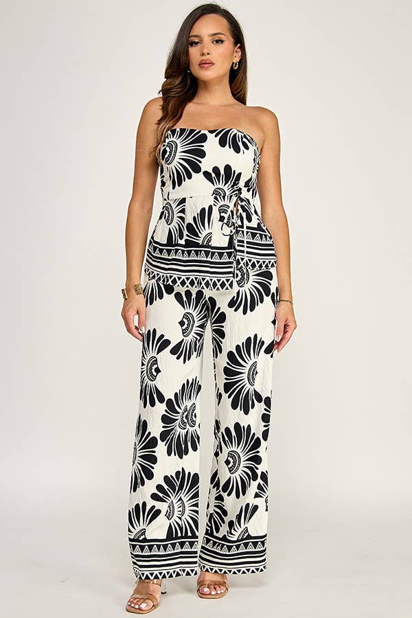 Printed Peplum Waist Tie Detail Top With Pants Set
