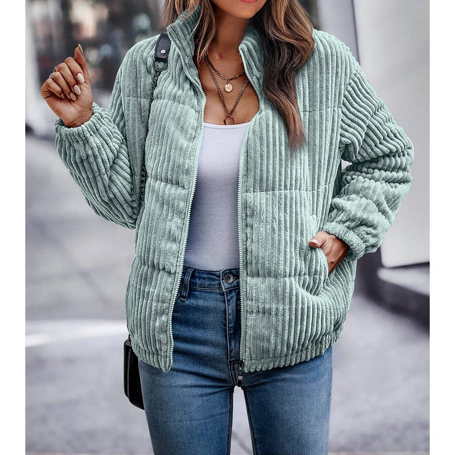 Fuzzy Pocket Zipper Stripe Coat Jacket
