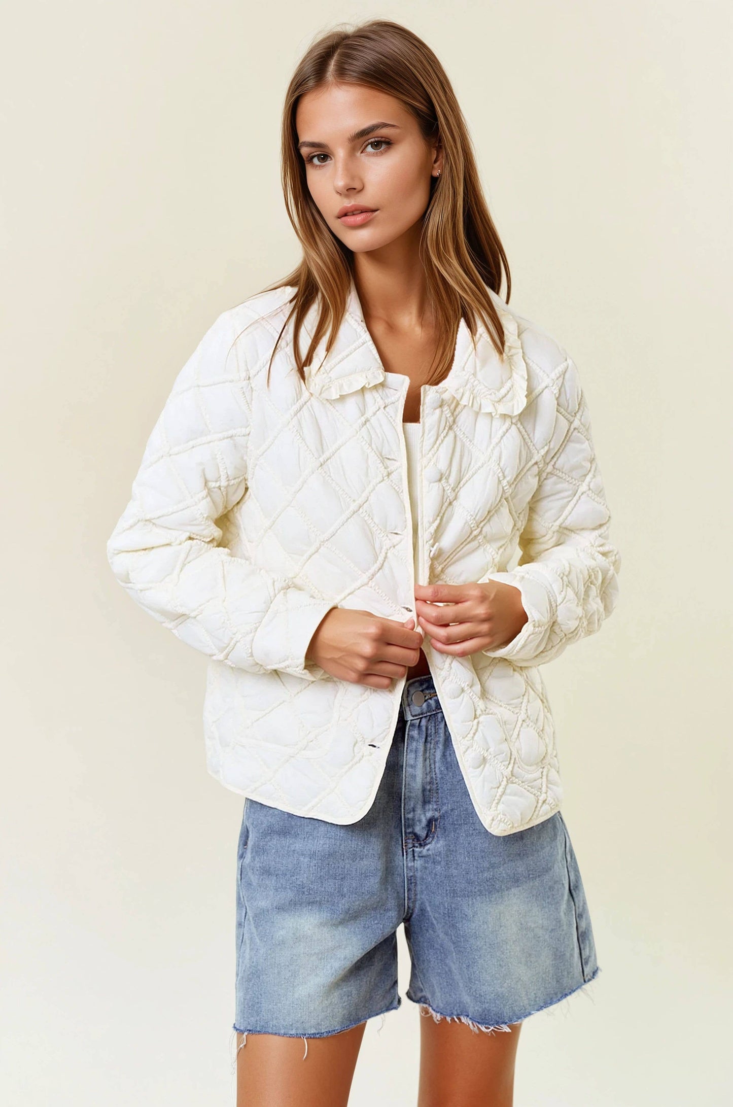 Over-Sized Collar Quilted Button-Down Jacket