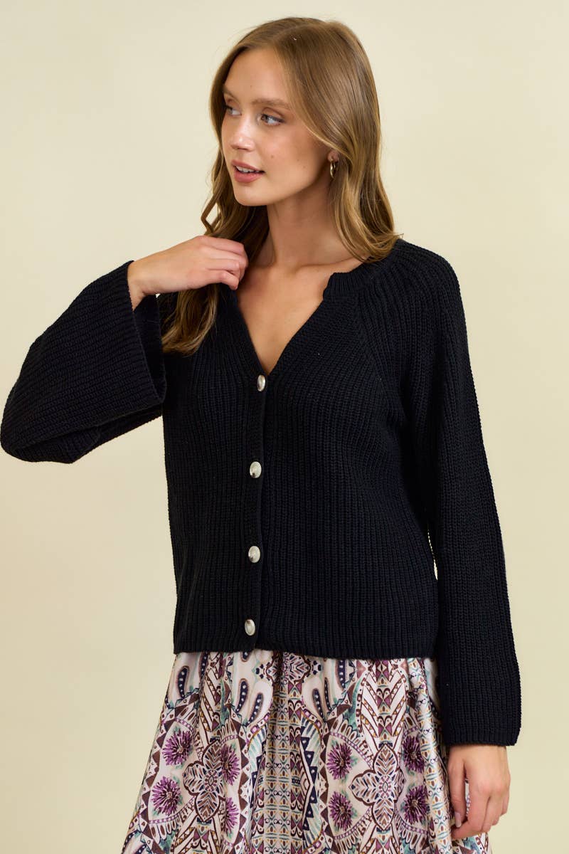 BLOUSON SLEEVE RIBBED CARDIGAN W/ BUTTONS