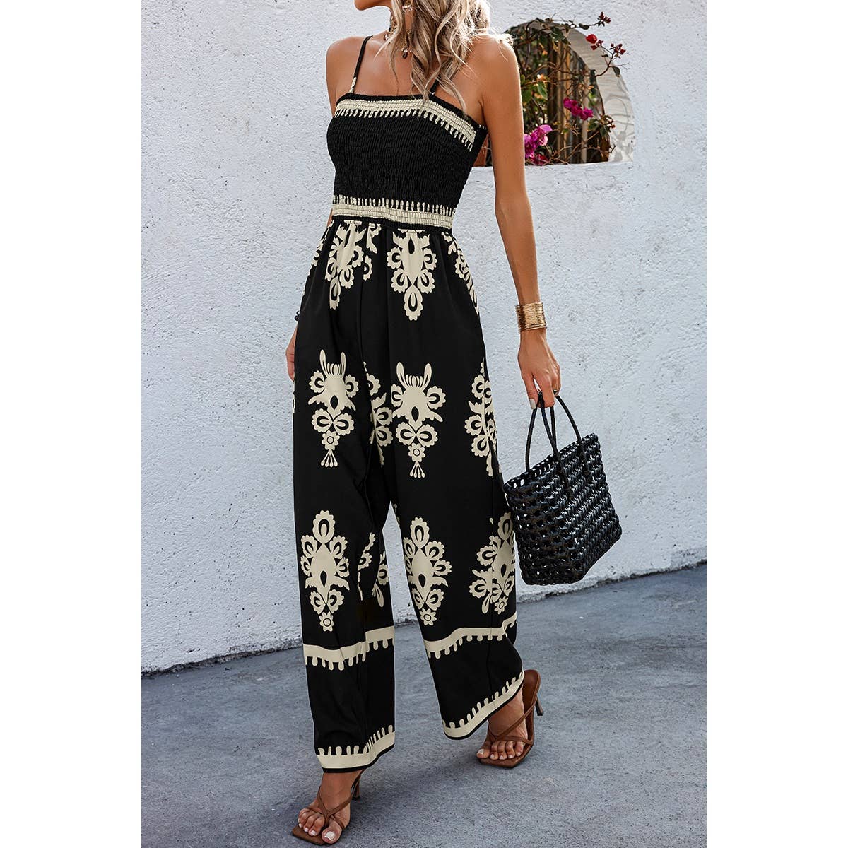 Ruched Printed High Waist Jumpsuit - Whimsical Details - jumpsuit, romper, summer, tank romper, transition