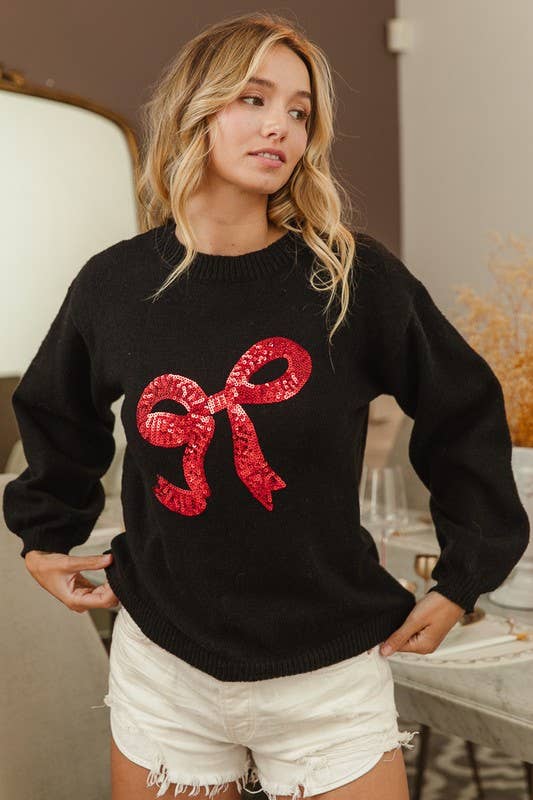 Sequin Ribbon Bow Embroidery Sweater - Whimsical Details - sweater, winter