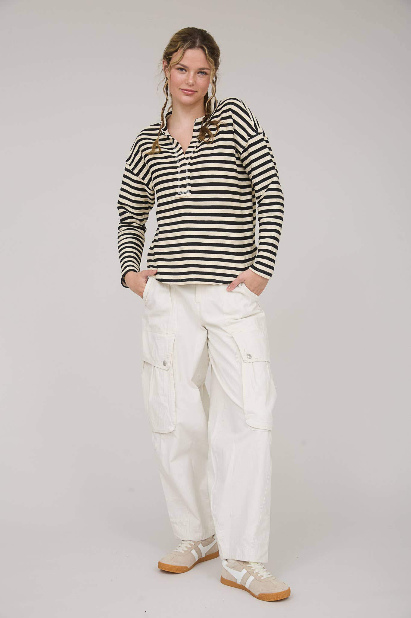 TEXTURED STRIPE SPLIT NECK LONG SLEEVE KNIT TOP