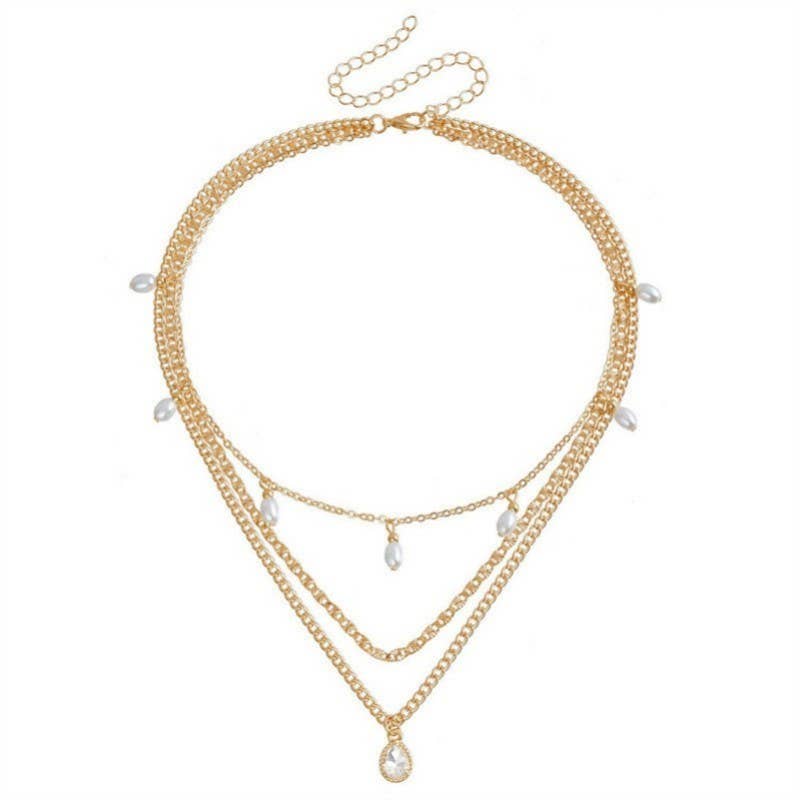 BRENNA MULTI LAYER STONE CHAIN TEARDROP CHARM NECKLACE
