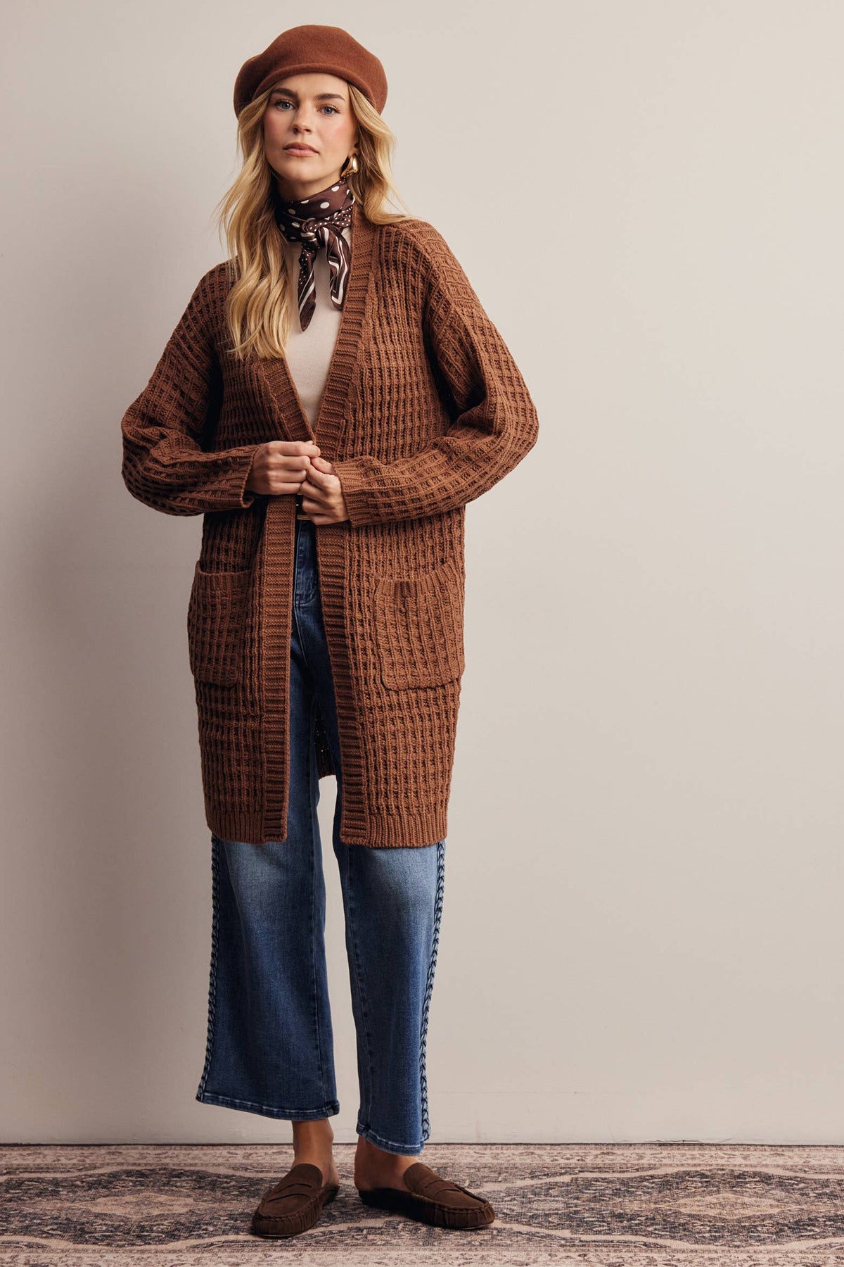 Waffle Knit Open Front Long Cardigan