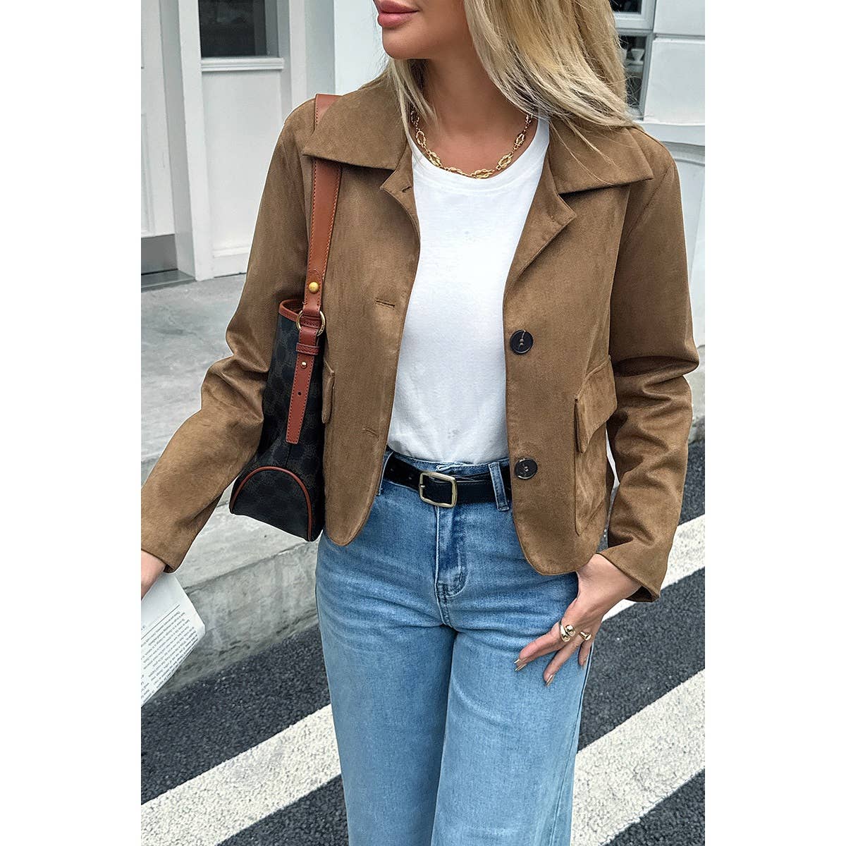 Solid Suit Lapel Faux Suede Leather Jacket