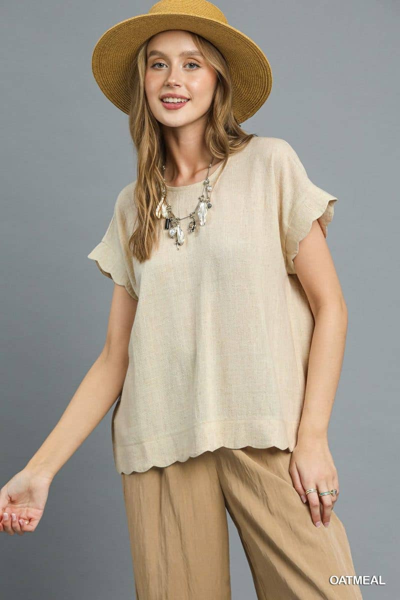 Scallop Hem Linen Blend Top