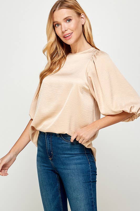 Champagne Satin Blouse - Whimsical Details - 3/4 sleeve, champagne, Green Clearance, satin