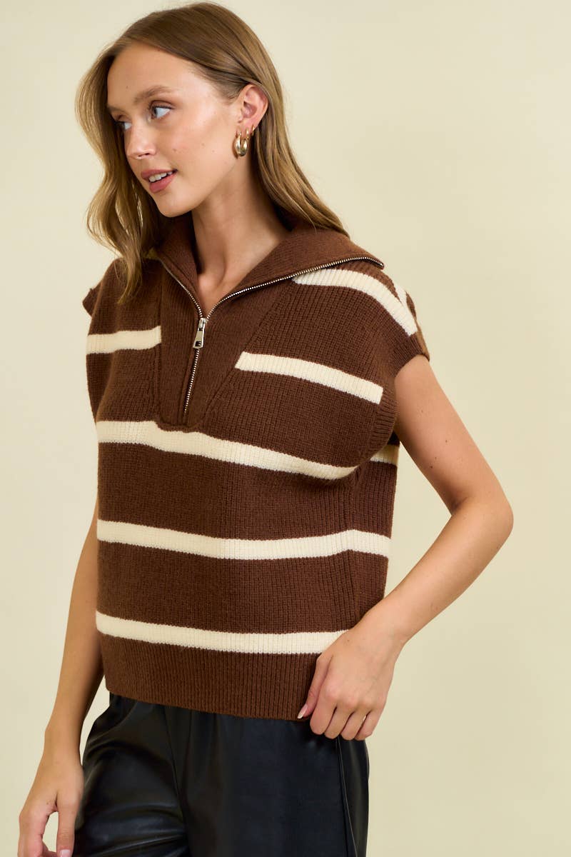STRIPED FUNNEL HALF ZIP SWEATER VEST