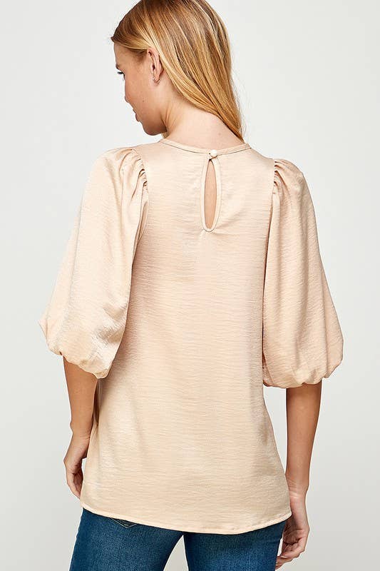 Champagne Satin Blouse - Whimsical Details - 3/4 sleeve, champagne, Green Clearance, satin