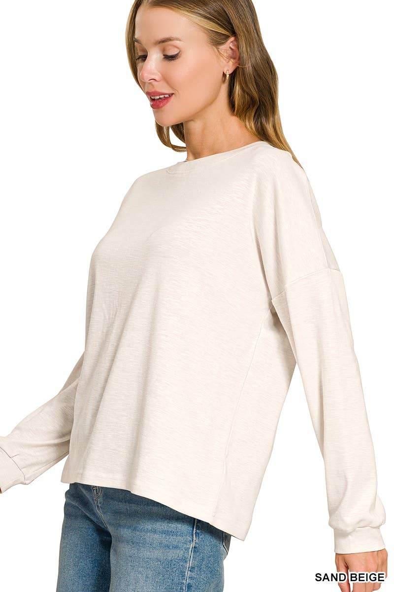 Cotton Modal Slub Round Neck Long Sleeve Top
