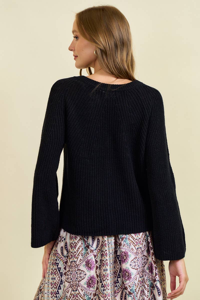 BLOUSON SLEEVE RIBBED CARDIGAN W/ BUTTONS