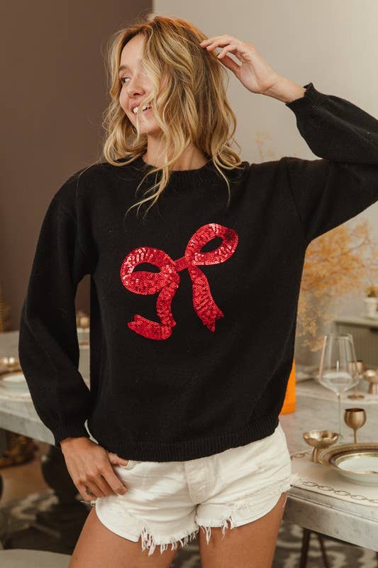Sequin Ribbon Bow Embroidery Sweater - Whimsical Details - sweater, winter