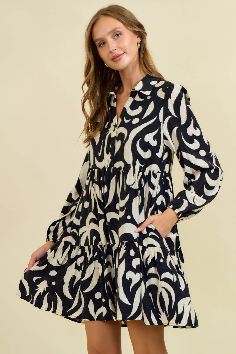 LEAF PRINTED POPLIN HALF BUTTON DOWN MINI DRESS