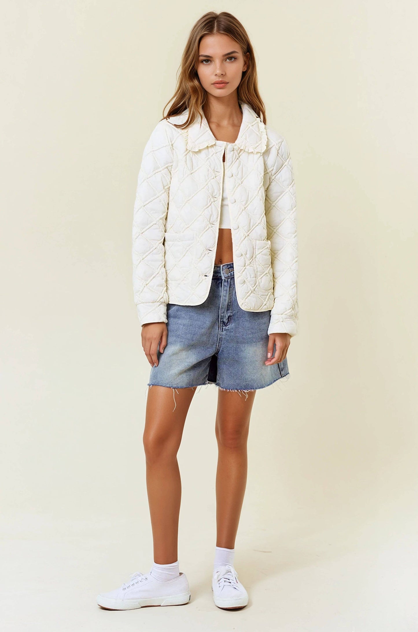 Over-Sized Collar Quilted Button-Down Jacket