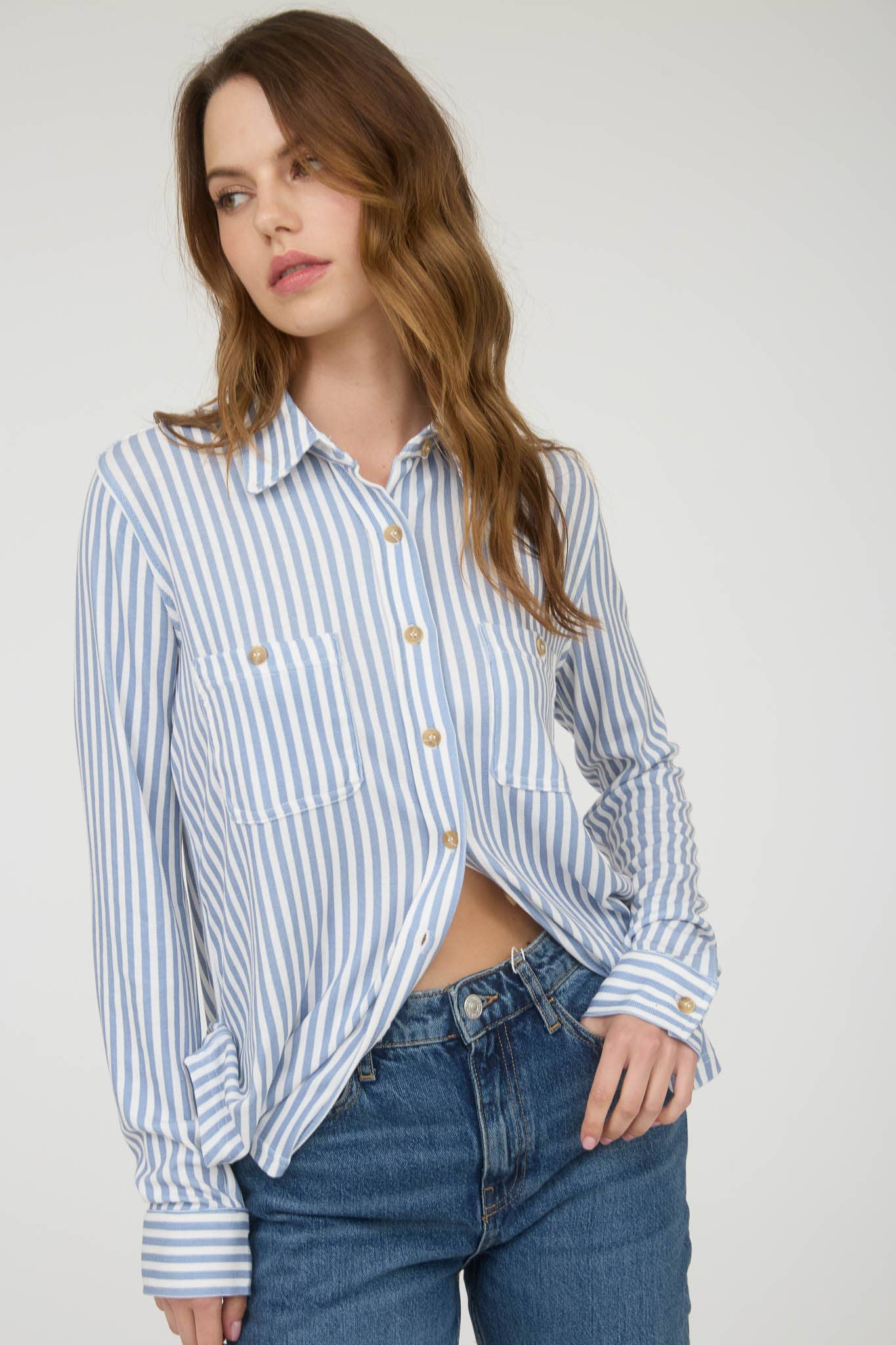STRIPE COLLARED LONG SLEEVE BUTTON DOWN SHIRT