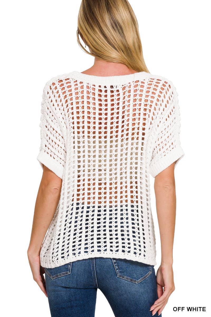 Fish Net Short Sleeve Crochet Sweater