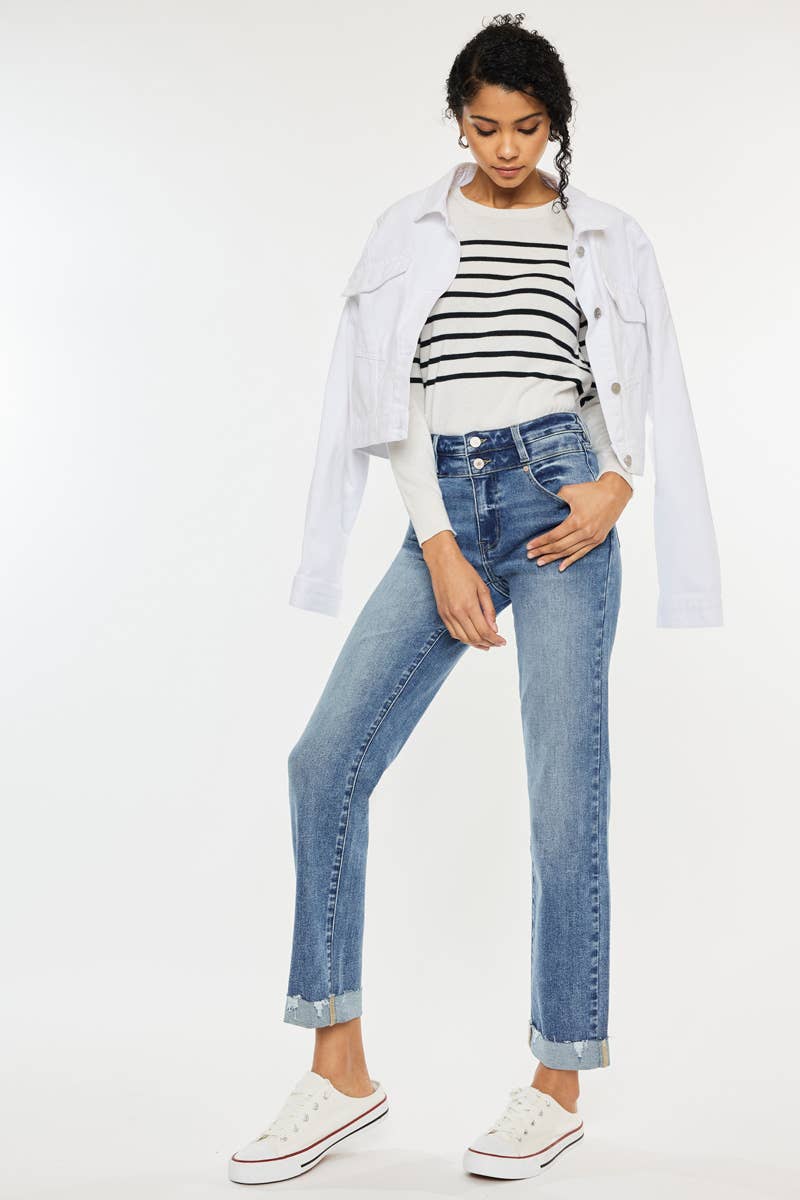 High Rise Slim Straight Medium Wash - Whimsical Details - denim, jeans, pants