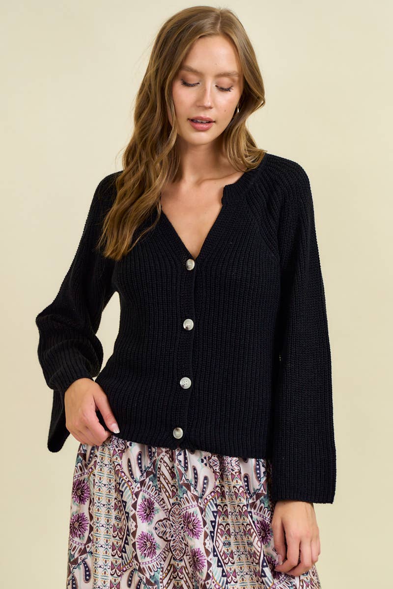 BLOUSON SLEEVE RIBBED CARDIGAN W/ BUTTONS
