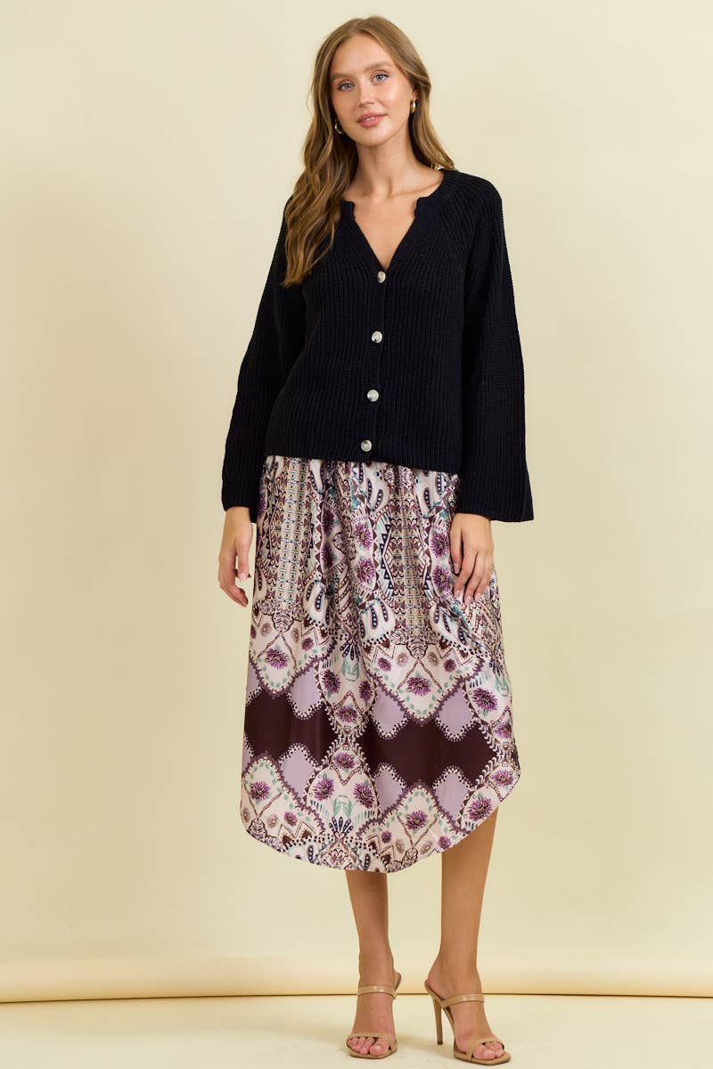 BLOUSON SLEEVE RIBBED CARDIGAN W/ BUTTONS