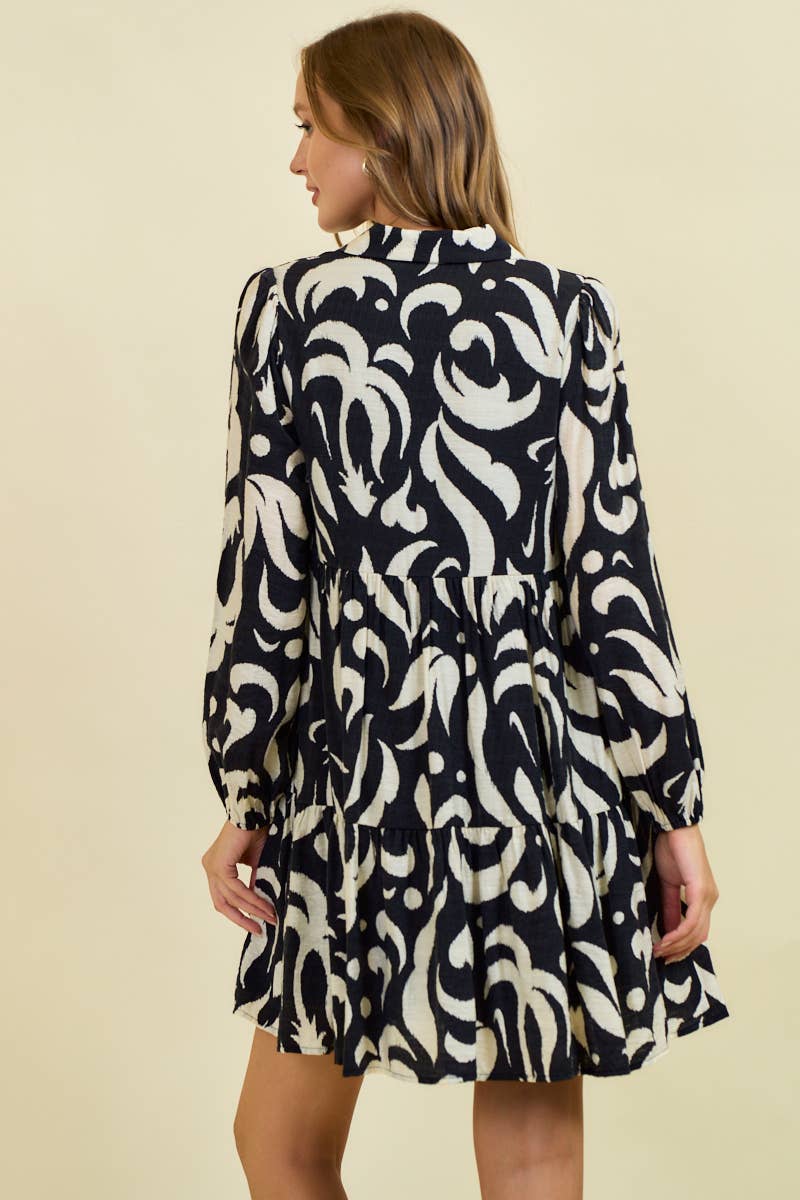 LEAF PRINTED POPLIN HALF BUTTON DOWN MINI DRESS
