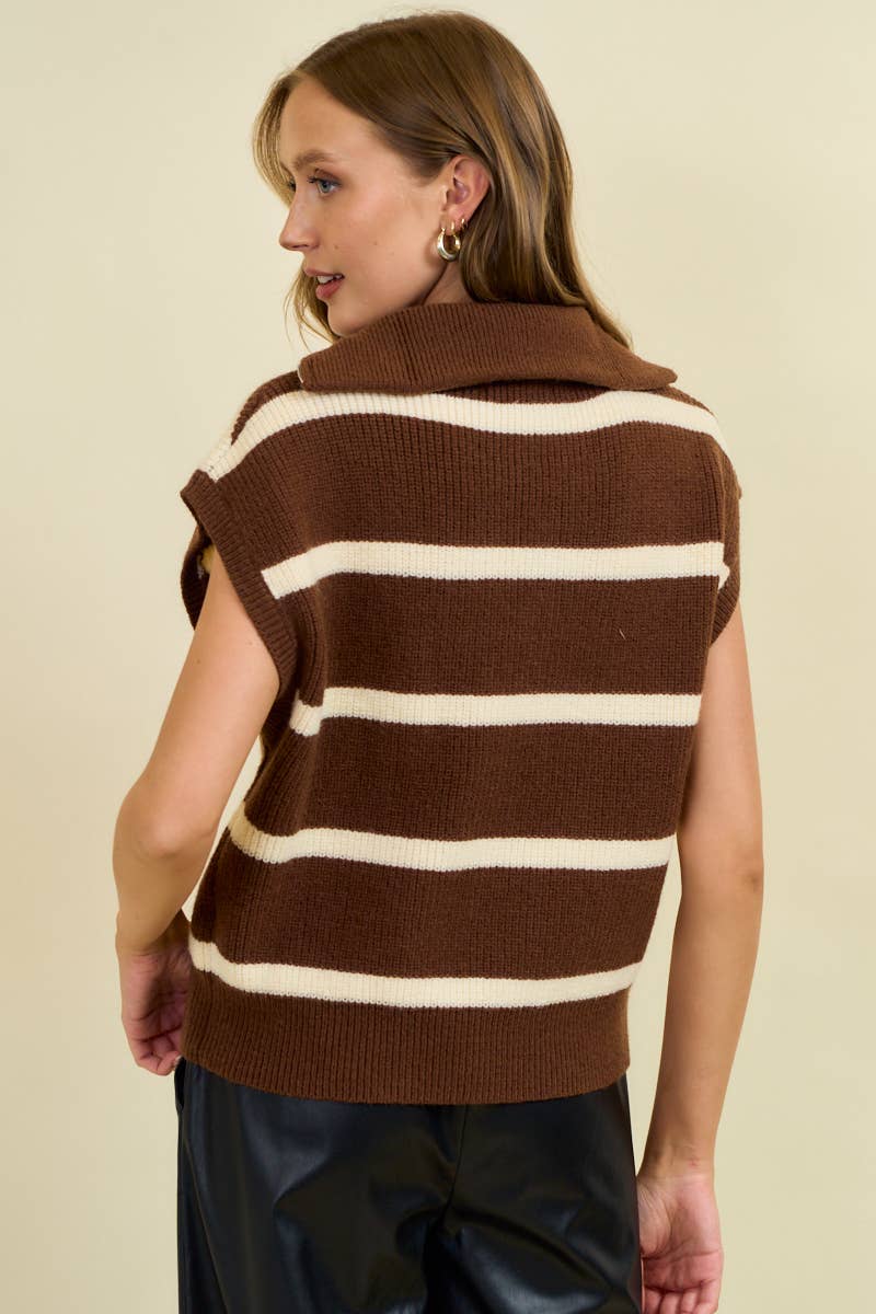 STRIPED FUNNEL HALF ZIP SWEATER VEST