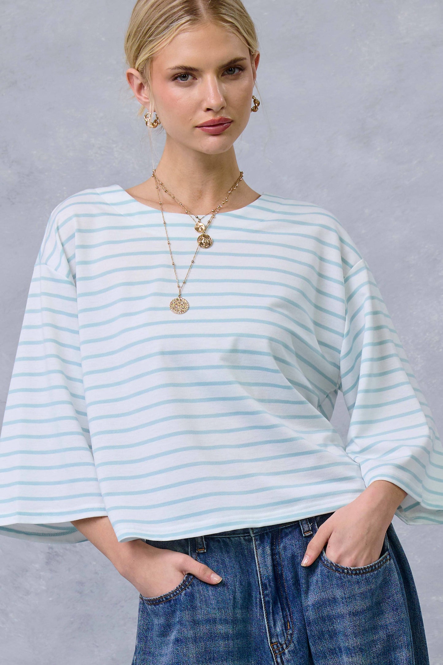 Striped Semi Crop Top with 3/4 Bell Sleeves