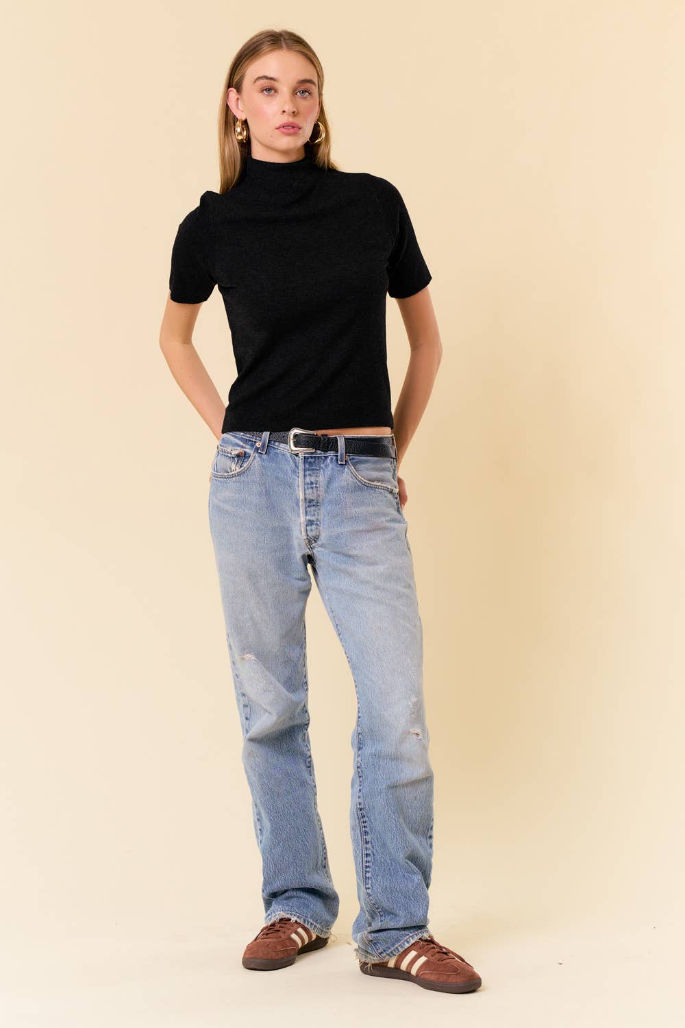 MOCK NECK HALF SLEEVE BASIC SWEATER TOP