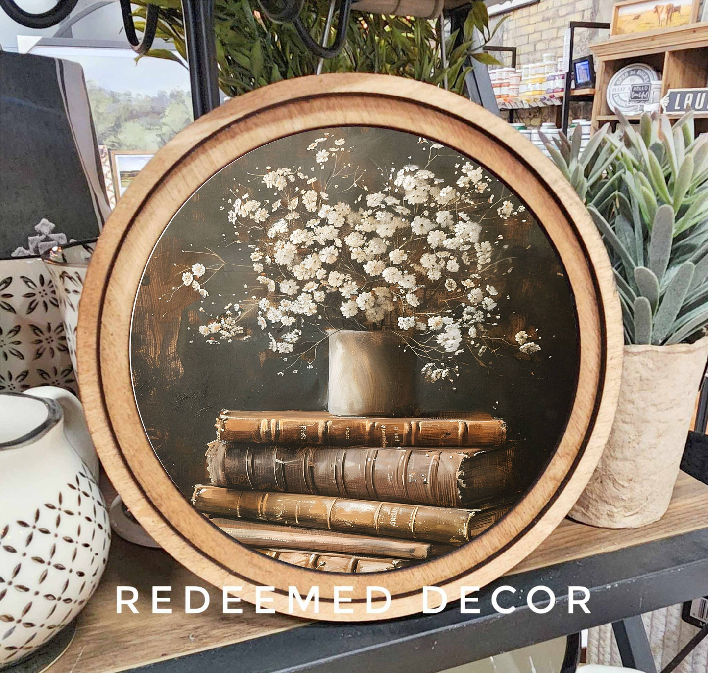 8" Round Books With Flowers Art