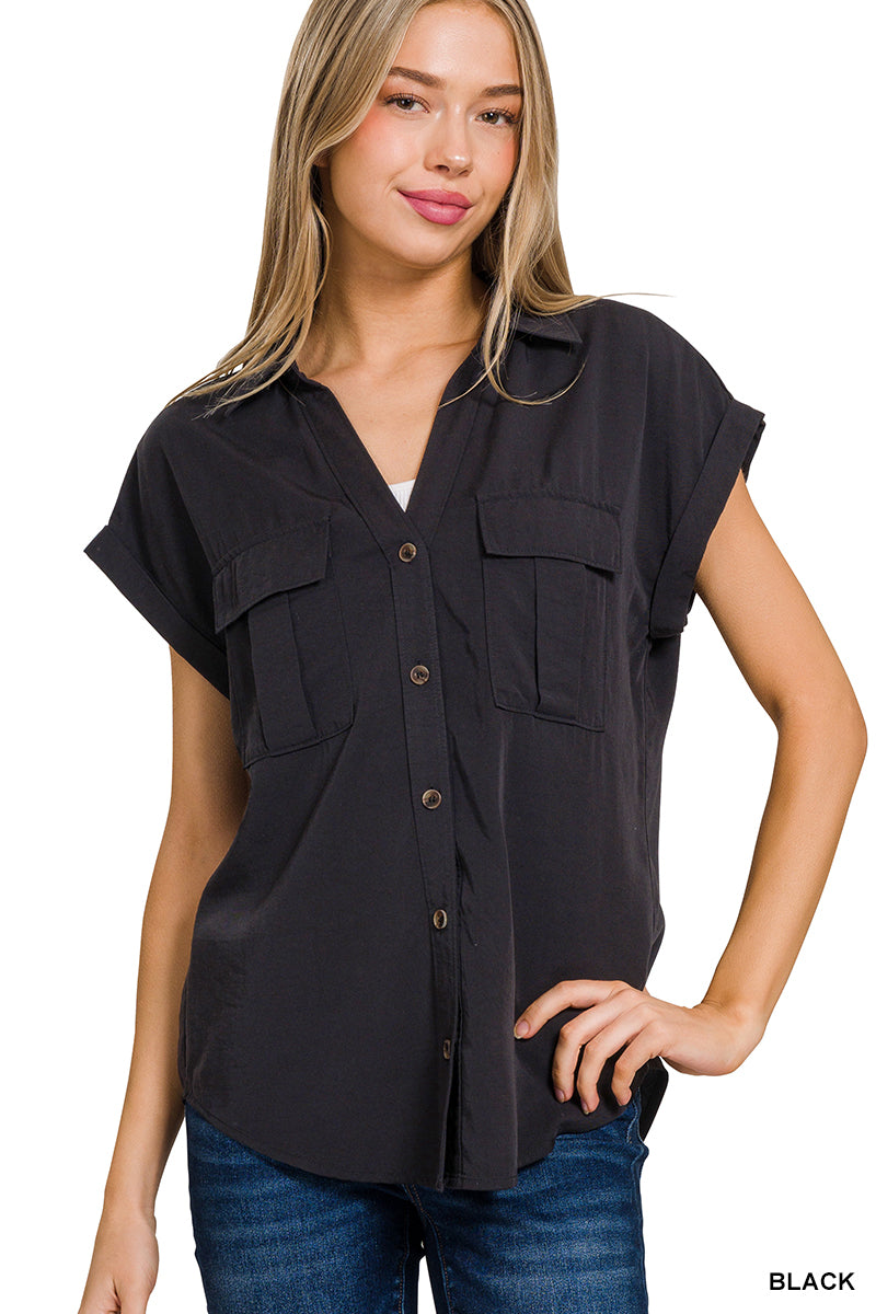 Tencel V-Neck Collared Top W Front Flap Pockets - Whimsical Details - olive beige, short sleeve, v neck