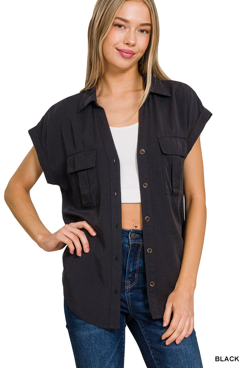 Tencel V-Neck Collared Top W Front Flap Pockets - Whimsical Details - olive beige, short sleeve, v neck