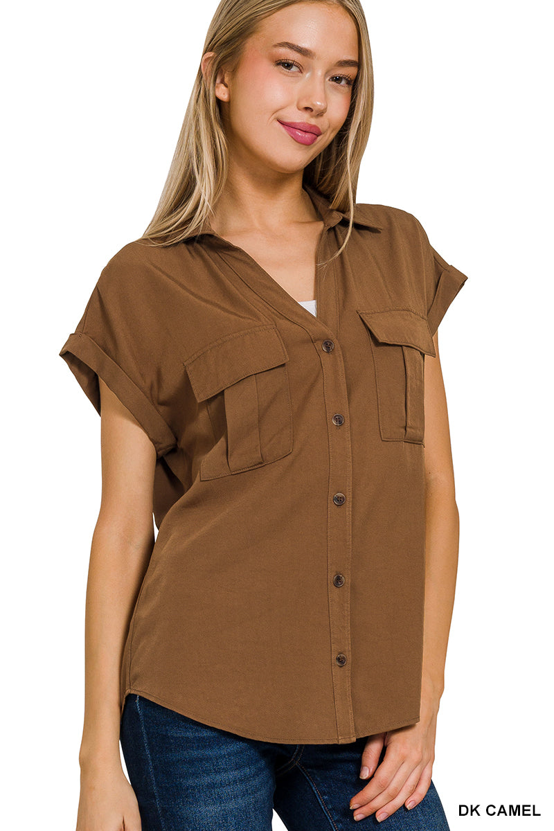 Tencel V-Neck Collared Top W Front Flap Pockets - Whimsical Details - olive beige, short sleeve, v neck
