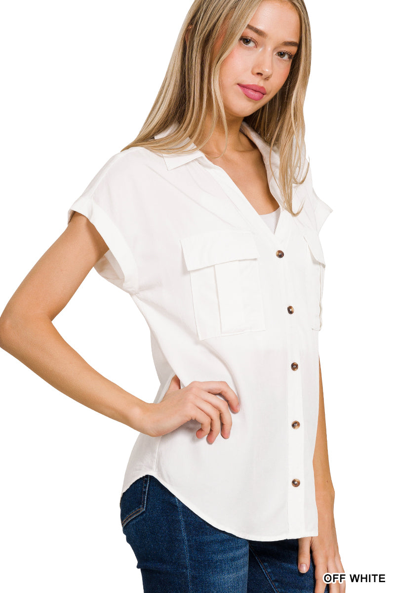 Tencel V-Neck Collared Top W Front Flap Pockets - Whimsical Details - olive beige, short sleeve, v neck