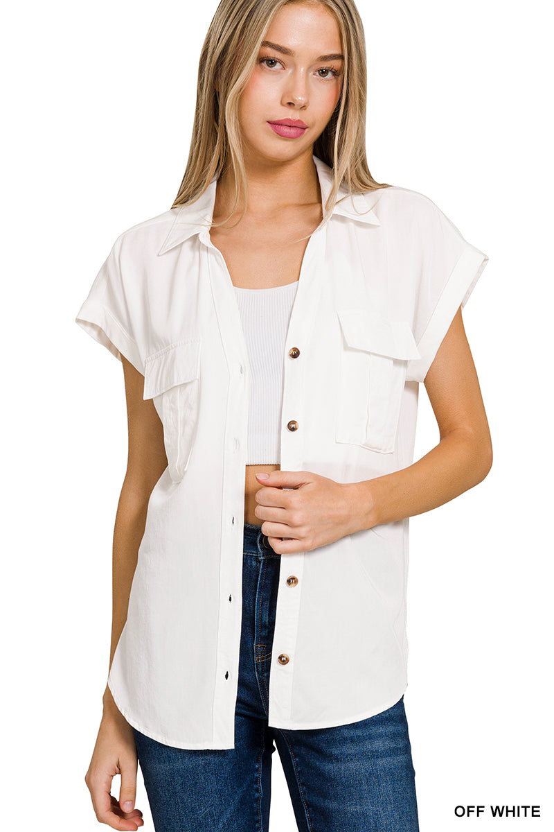 Tencel V-Neck Collared Top W Front Flap Pockets - Whimsical Details - olive beige, short sleeve, v neck