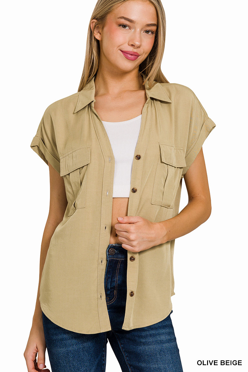 Tencel V-Neck Collared Top W Front Flap Pockets - Whimsical Details - olive beige, short sleeve, v neck