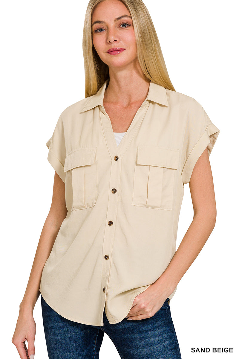 Tencel V-Neck Collared Top W Front Flap Pockets - Whimsical Details - olive beige, short sleeve, v neck