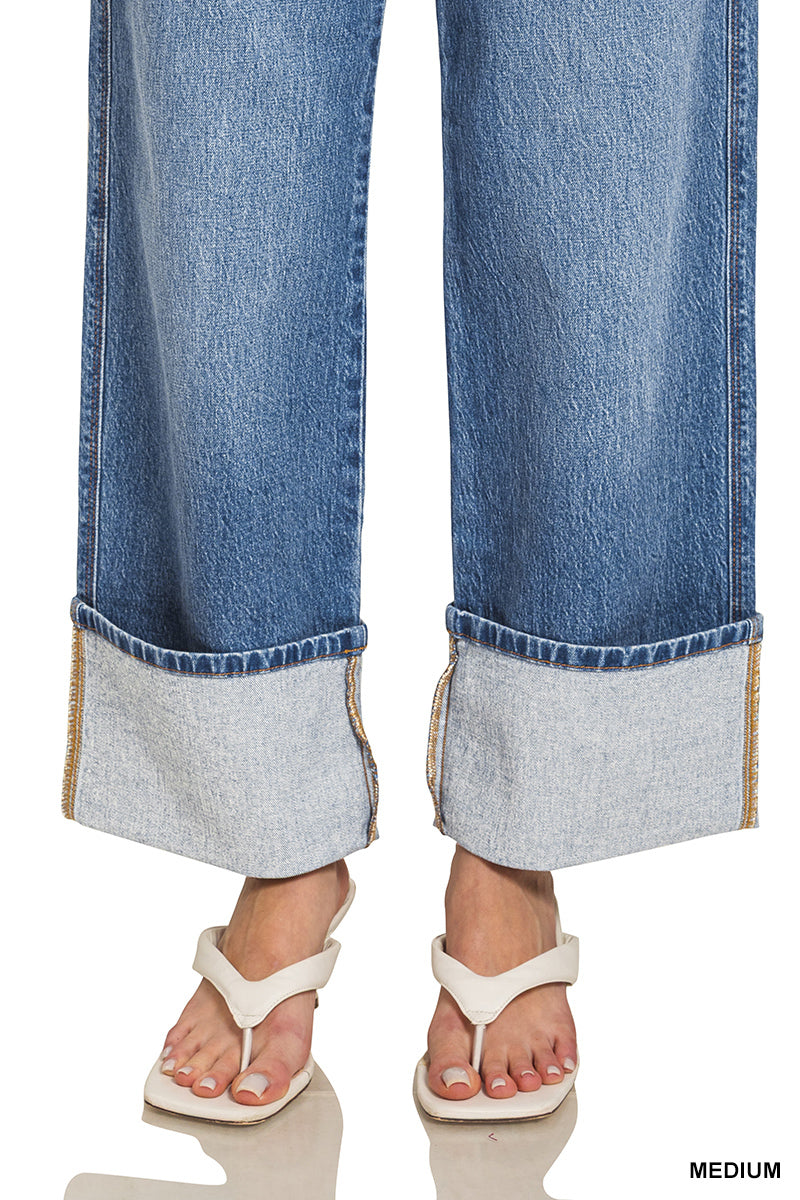 High Rise Cuffed WideLleg Denim Pants