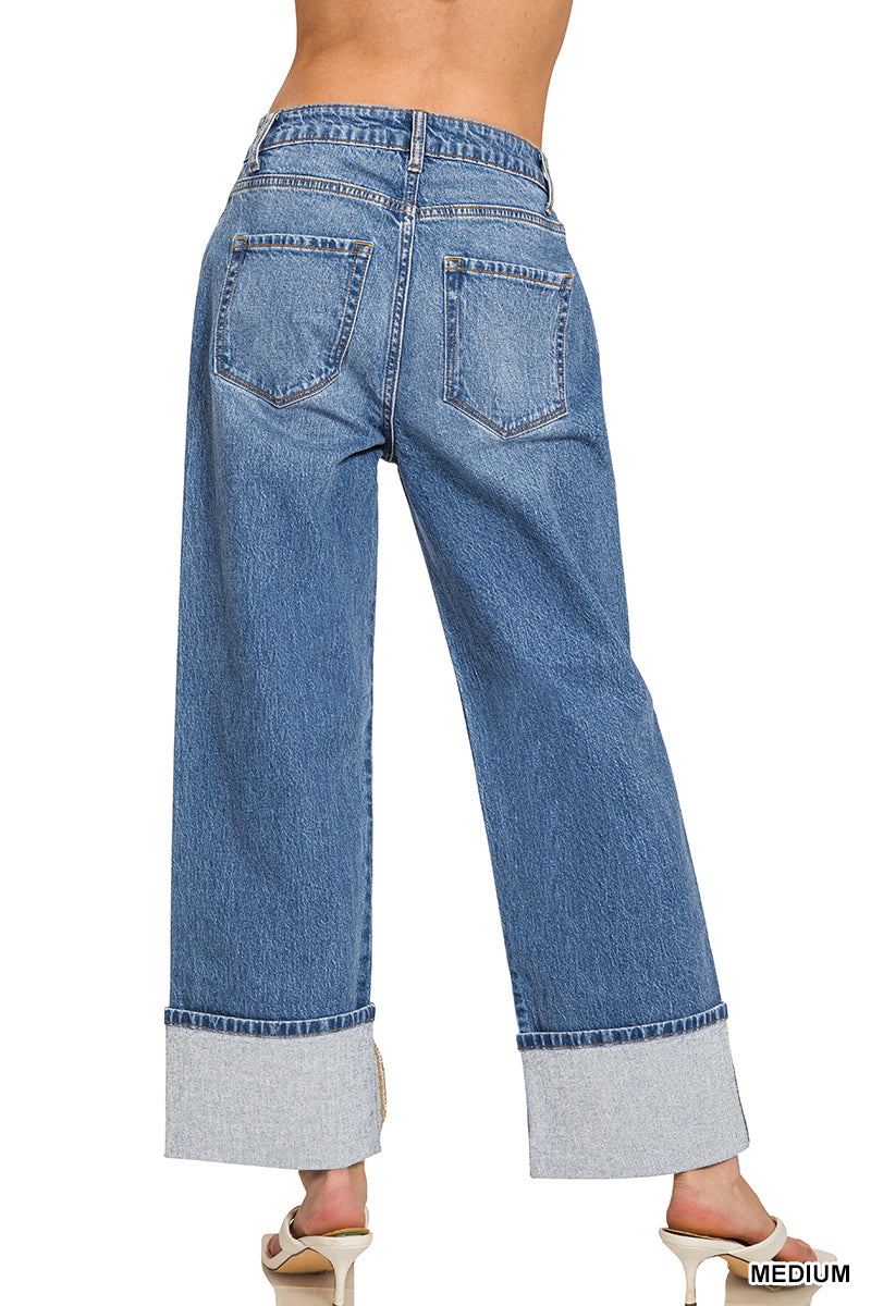 High Rise Cuffed WideLleg Denim Pants