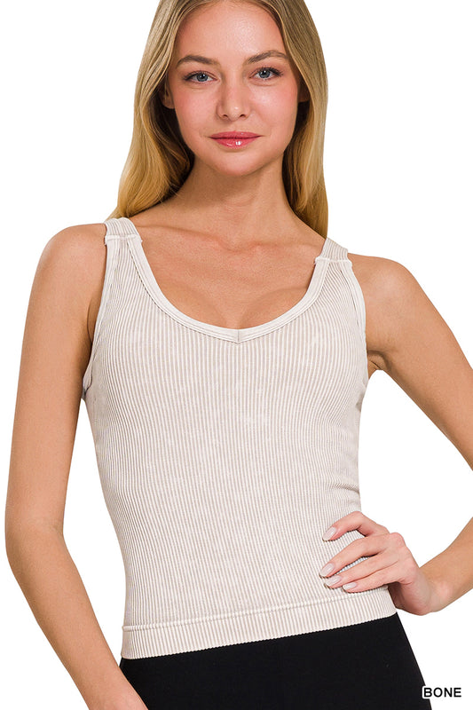 STONE WASHED RIBBED TANK TOP W BRA PAD