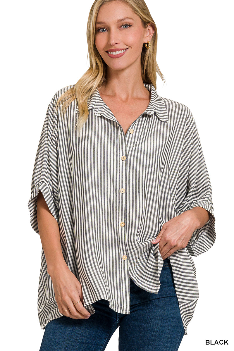 Striped Short Sleeve Button Up Top