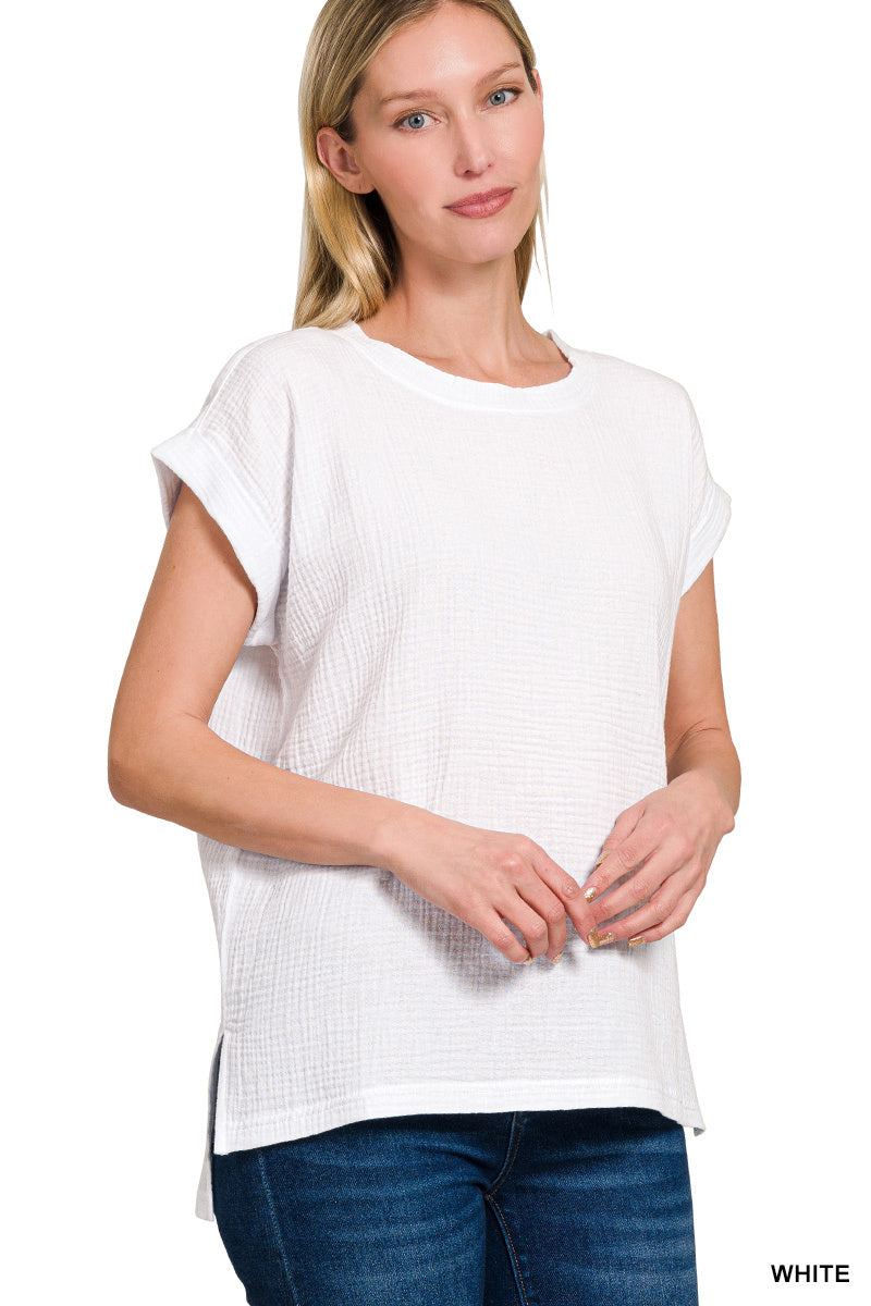 Double gauze round neck folded short sleeve top