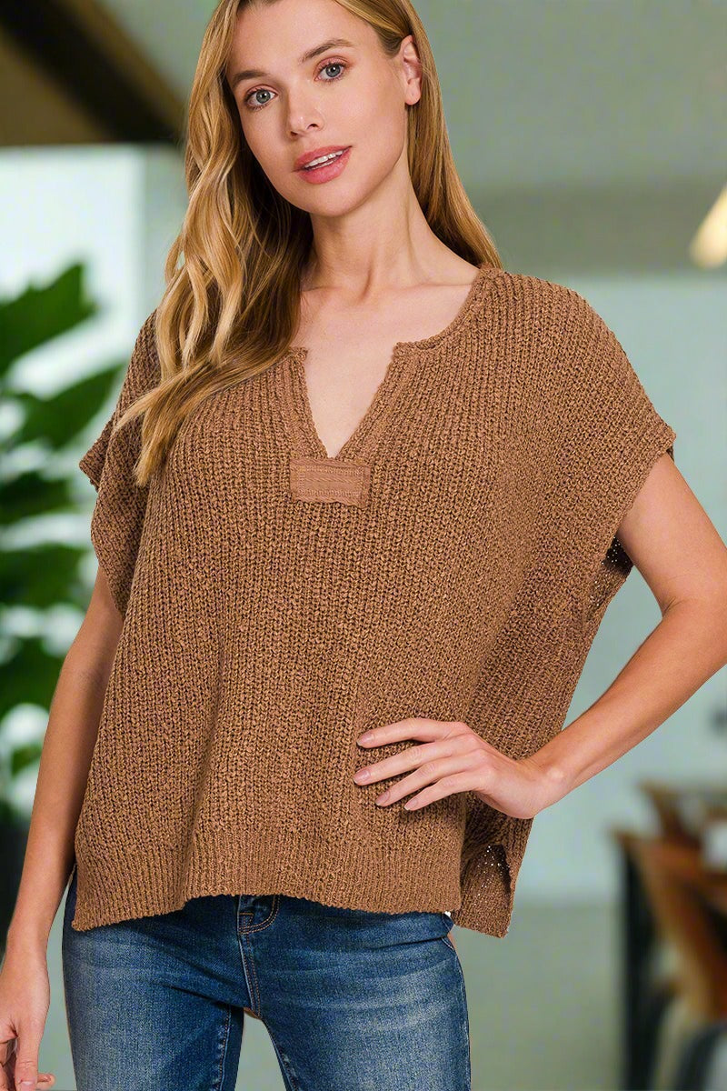 Back Patch Rolled Split-Neck Side Split Pullover - Whimsical Details - black, pullover, sand beige, short sleeve, sweater