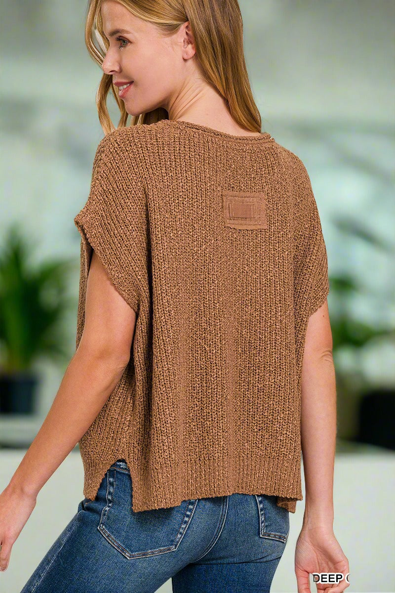 Back Patch Rolled Split-Neck Side Split Pullover - Whimsical Details - black, pullover, sand beige, short sleeve, sweater
