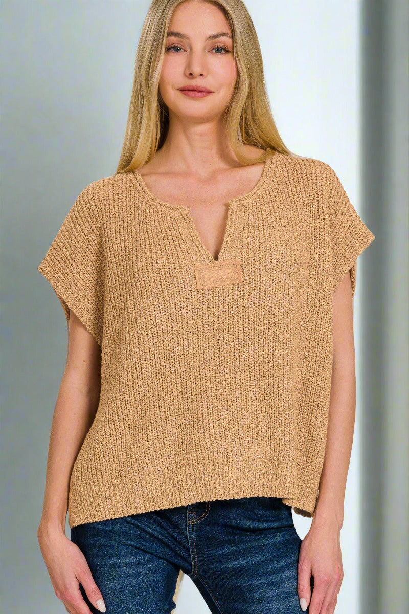 Back Patch Rolled Split-Neck Side Split Pullover - Whimsical Details - black, pullover, sand beige, short sleeve, sweater