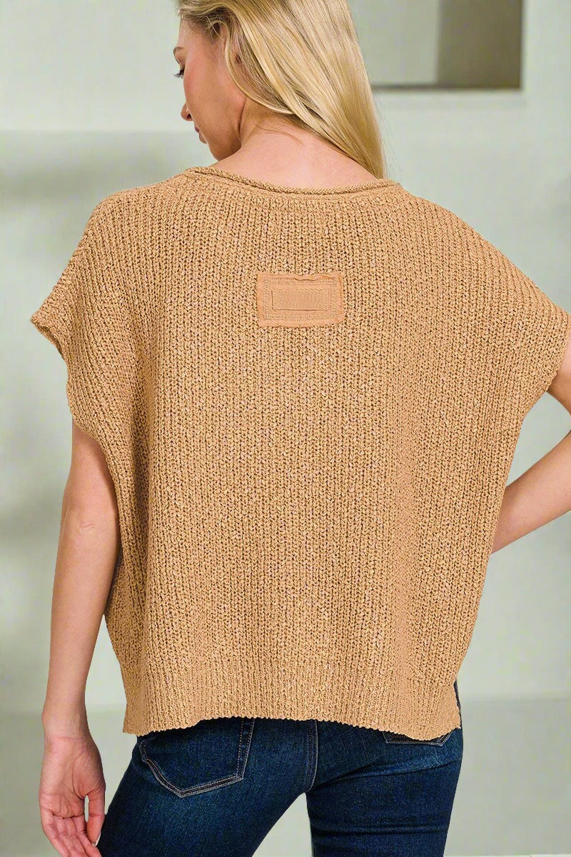 Back Patch Rolled Split-Neck Side Split Pullover - Whimsical Details - black, pullover, sand beige, short sleeve, sweater