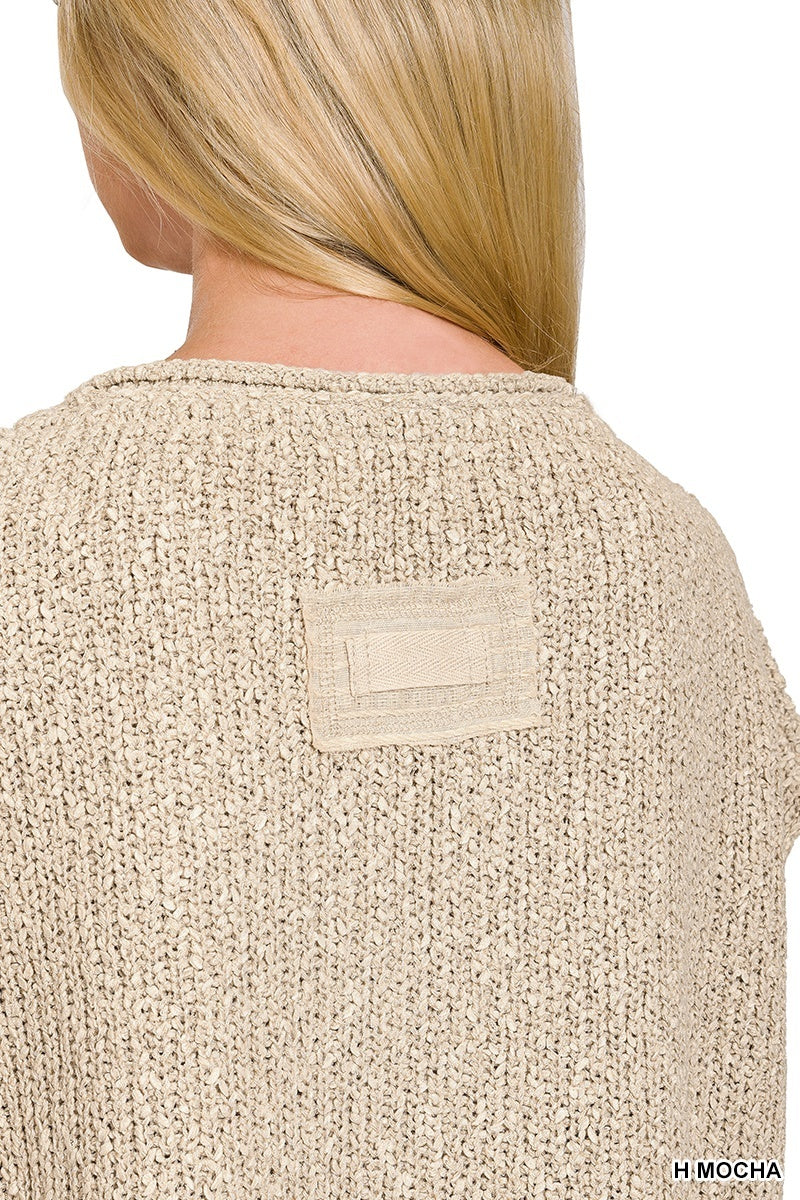 Back Patch Rolled Split-Neck Side Split Pullover - Whimsical Details - black, pullover, sand beige, short sleeve, sweater
