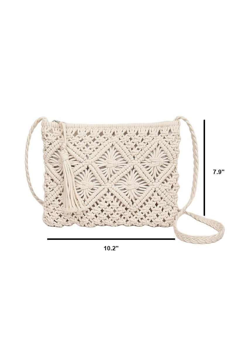 Woven Boho Tassel Crochet Shoulder Bag - Whimsical Details - Brown Purse, crochet purse, over the shoulder, purse, shoulder bag