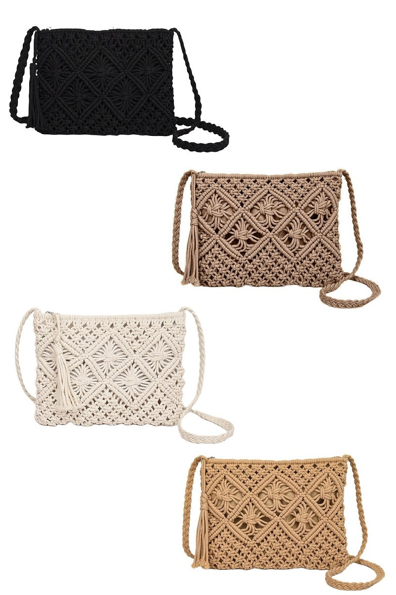 Woven Boho Tassel Crochet Shoulder Bag - Whimsical Details - Brown Purse, crochet purse, over the shoulder, purse, shoulder bag