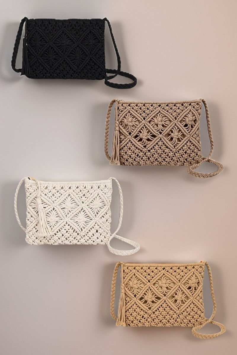 Woven Boho Tassel Crochet Shoulder Bag - Whimsical Details - Brown Purse, crochet purse, over the shoulder, purse, shoulder bag