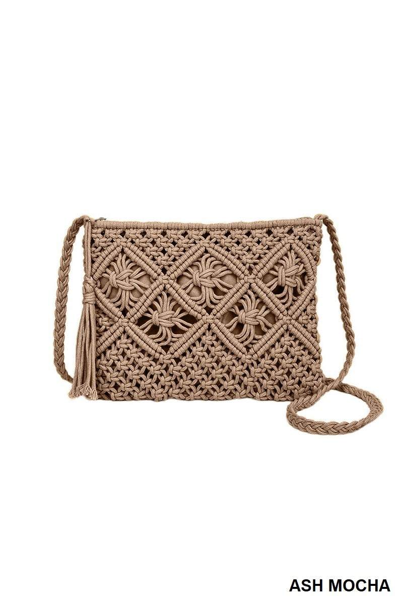 Woven Boho Tassel Crochet Shoulder Bag - Whimsical Details - Brown Purse, crochet purse, over the shoulder, purse, shoulder bag